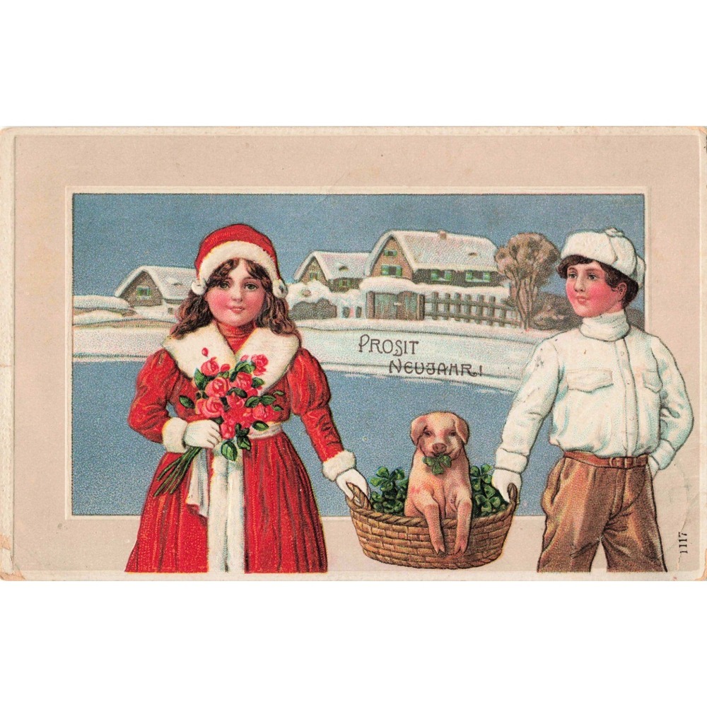 New Year Postcard German Prosit Neujahr Lucky Pig Clover Winter Children 1117 - Picture 1 of 2